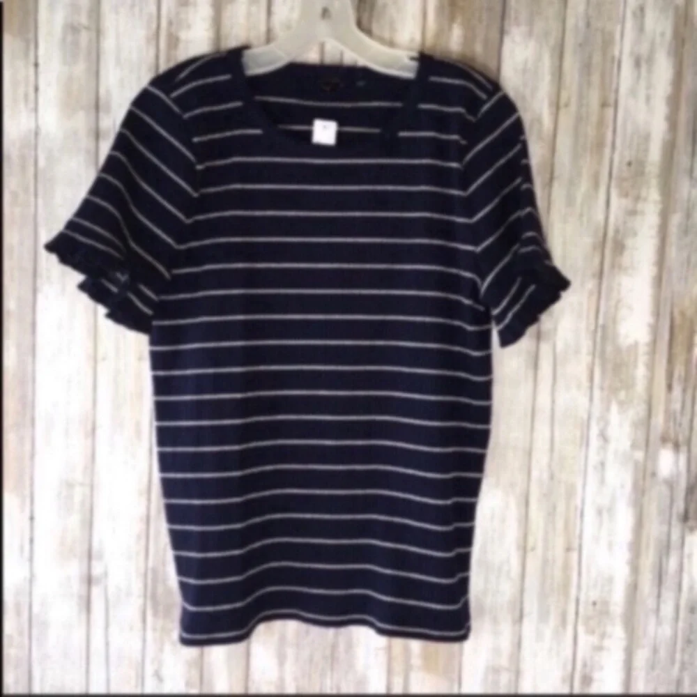 NWT J.Crew Striped Flutter Sleeve Top XL Navy Silver Ruffle Sleeve Knit Blouse